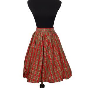 Vintage Handmade Bubble Hem Midi Skirt Holiday Plaid Twirl Skirt Christmas Retro
